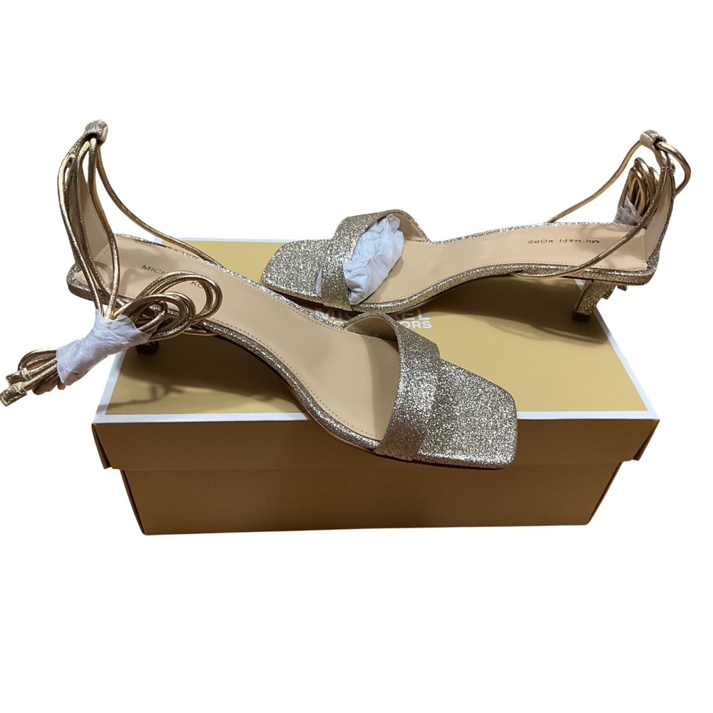 Michael Kors Gold Glitter Kitten Heel Sandals Square Toe Lace Up Ankle Tie 7M